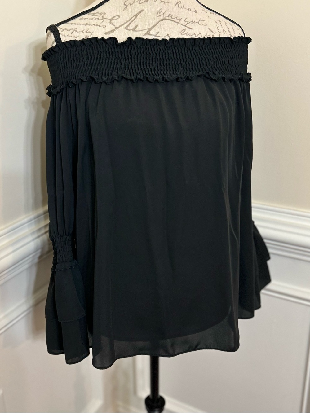 Off-Shoulder Black Smocked Blouse with Ruffle‎ Cuffs